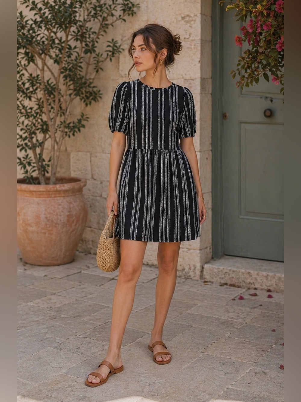 LOFT Navy and White Striped Puff-Sleeve Mini Dress Small